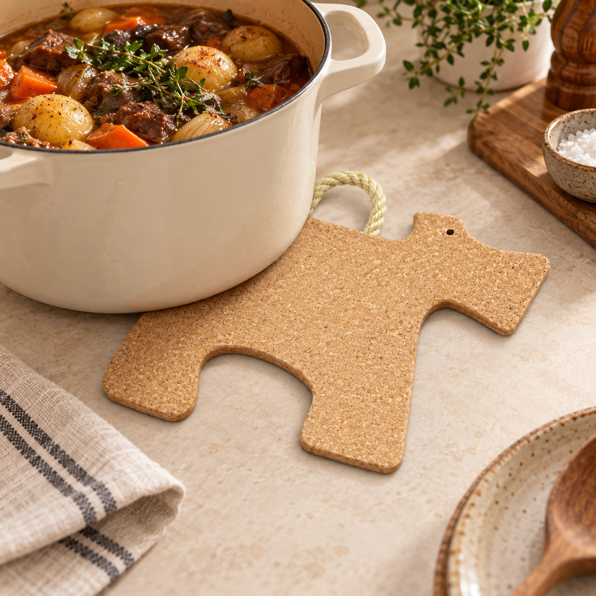 Terrier-Shaped Cork Trivet used under a hot casserole pot