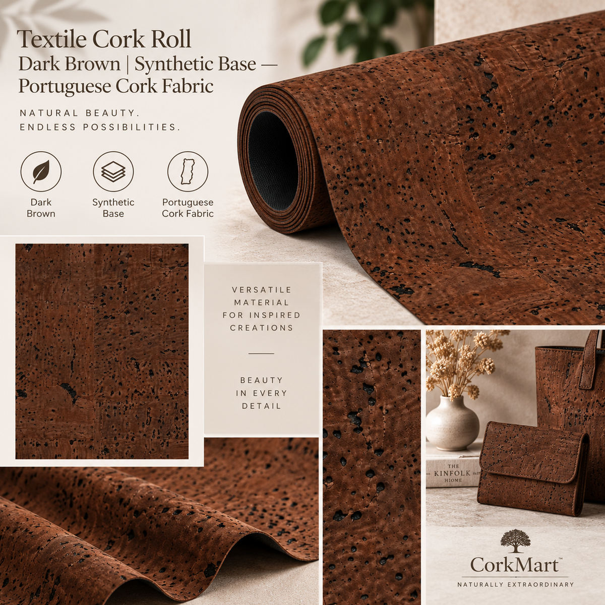 Textile Cork Roll Dark Brown editorial collage with CorkMart branding