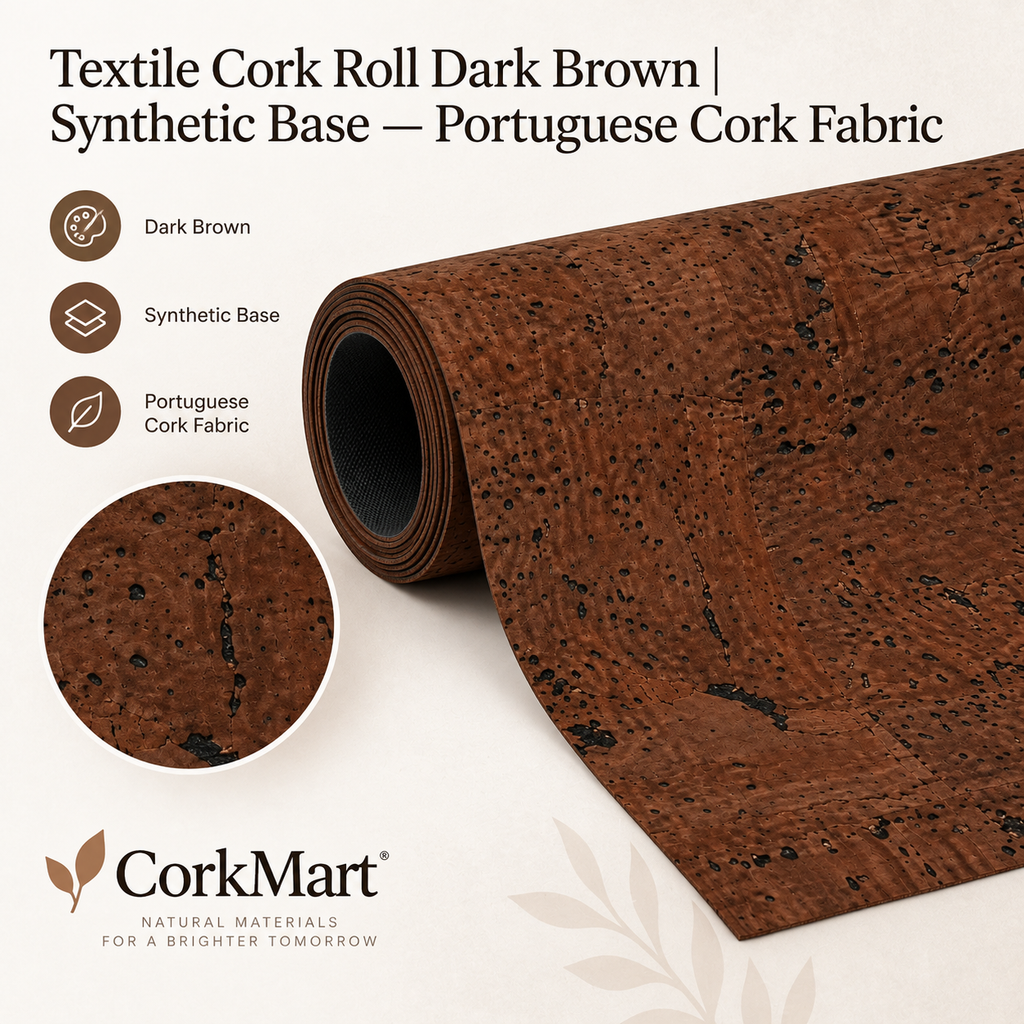 Textile Cork Roll Dark Brown synthetic base infographic with CorkMart branding