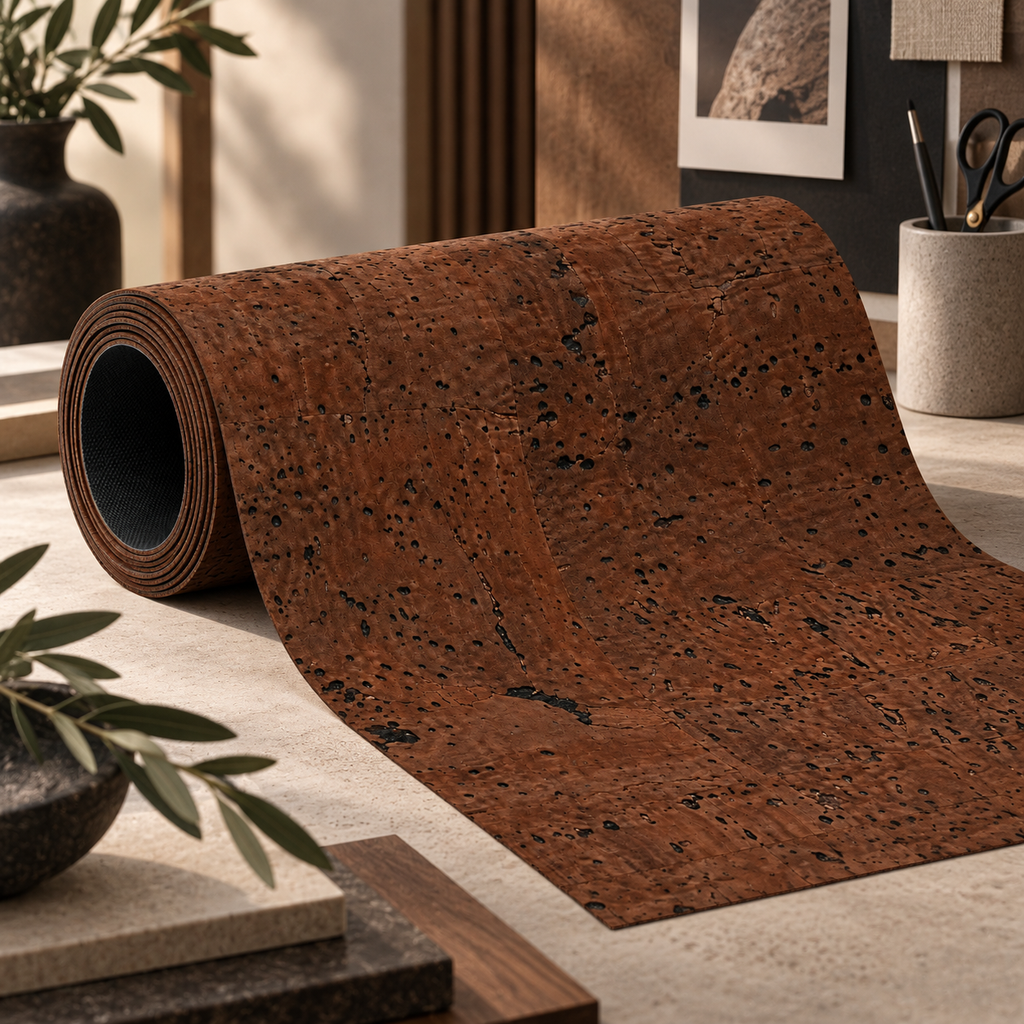 Textile Cork Roll Dark Brown in a premium creative lifestyle setting