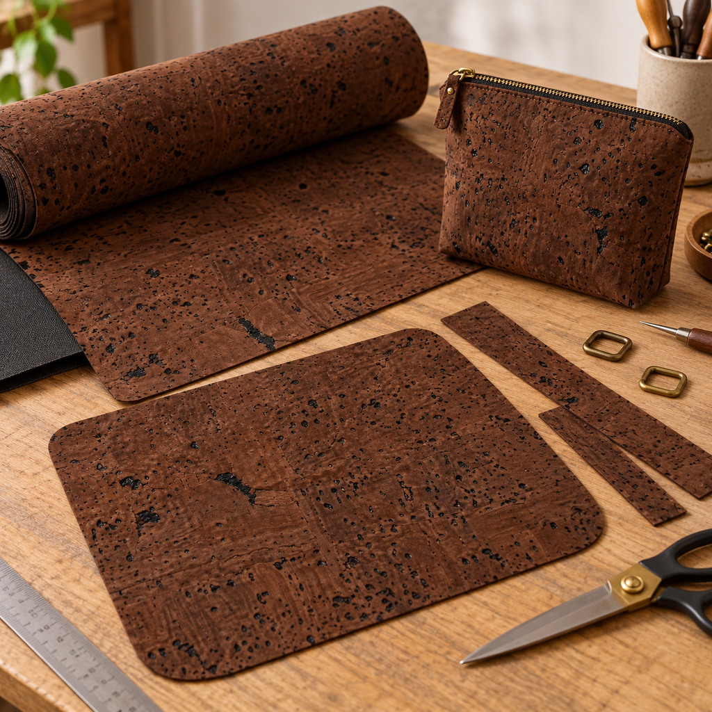 Textile Cork Roll Dark Brown used for handcrafted accessories