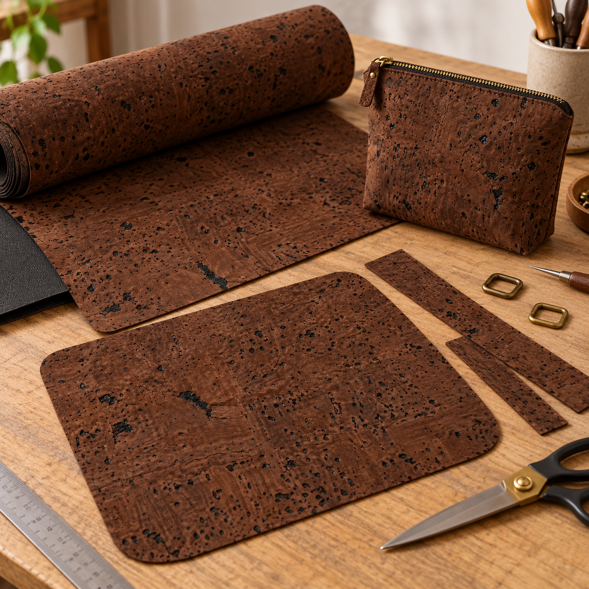 Textile Cork Roll Dark Brown used for handcrafted accessories