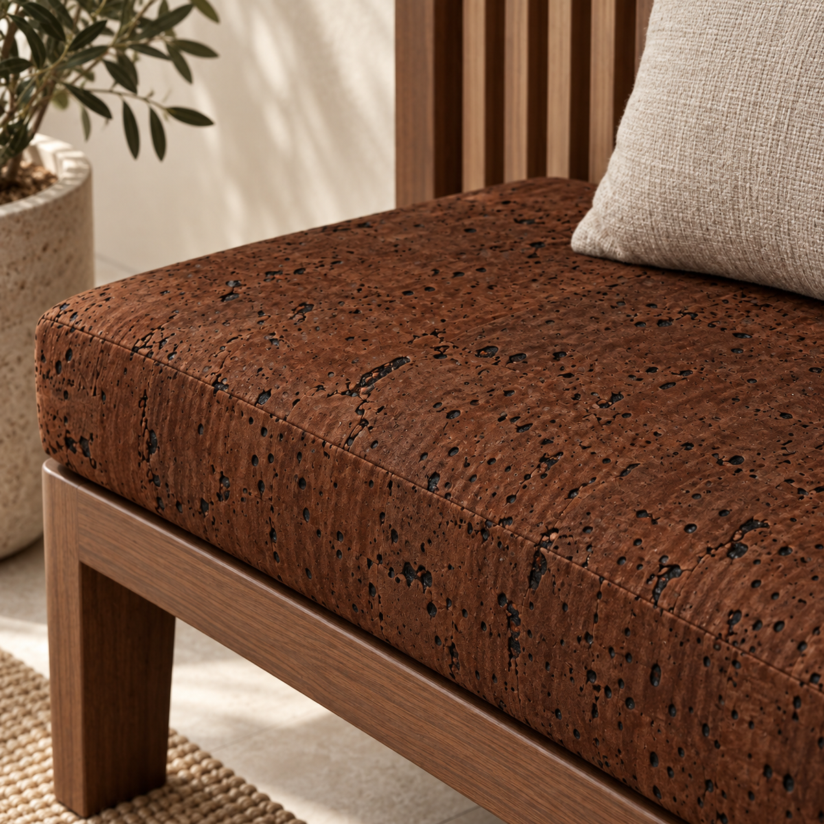 Textile Cork Roll Dark Brown used as an upholstery accent