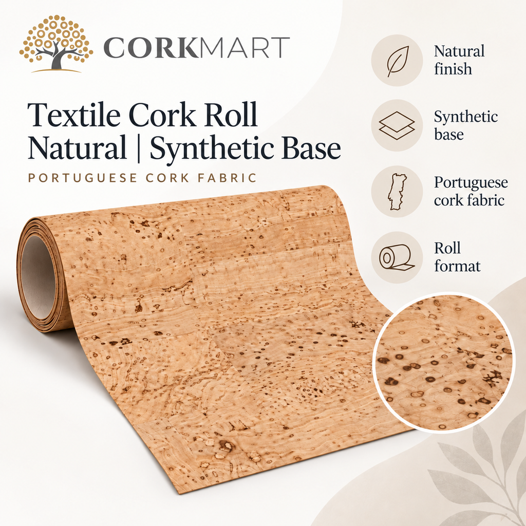 Textile Cork Roll Natural synthetic base infographic with CorkMart branding