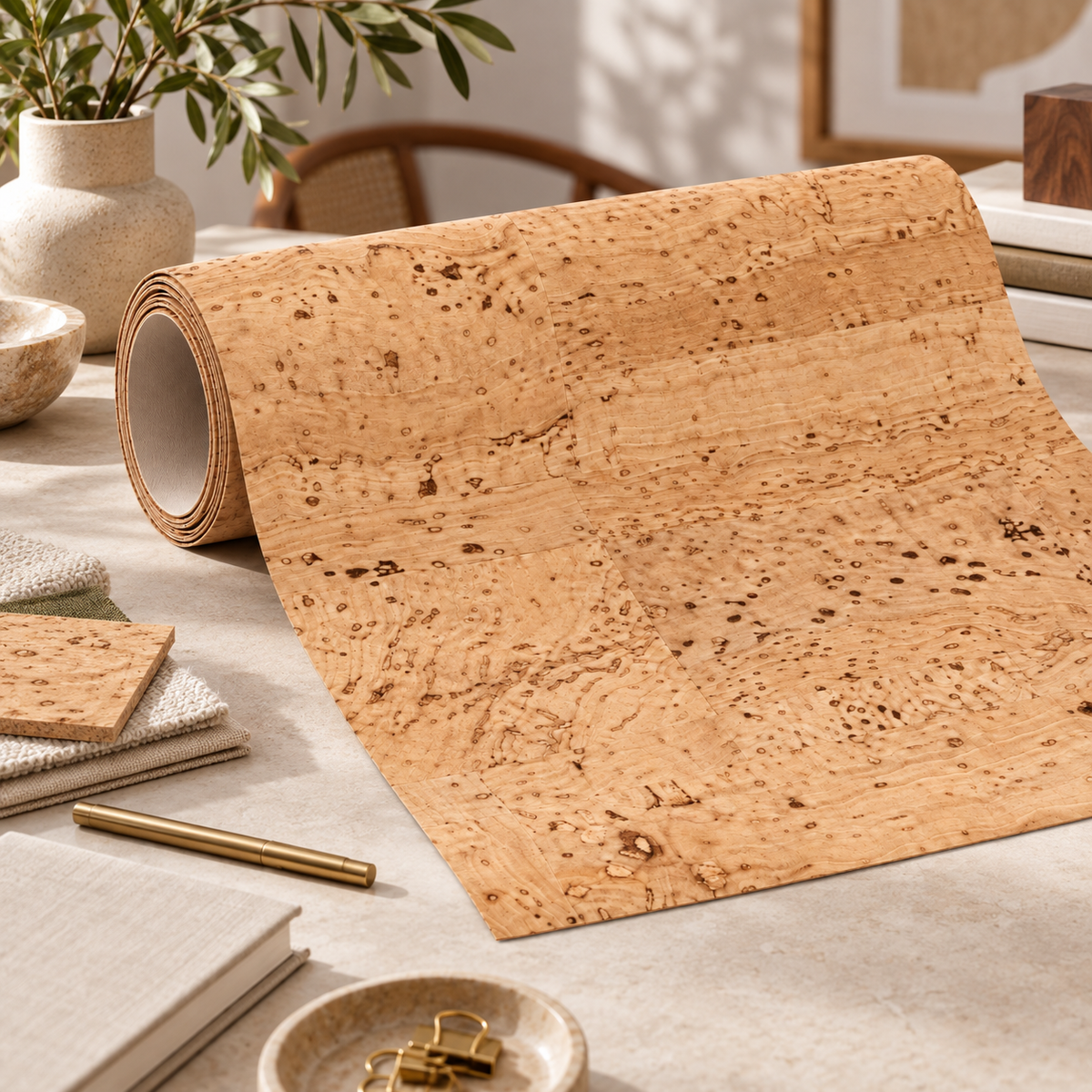 Textile Cork Roll Natural in a premium creative lifestyle setting