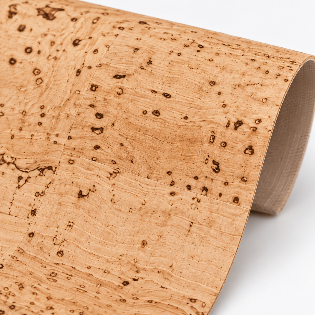 Textile Cork Roll Natural macro detail showing cork texture and synthetic base edge