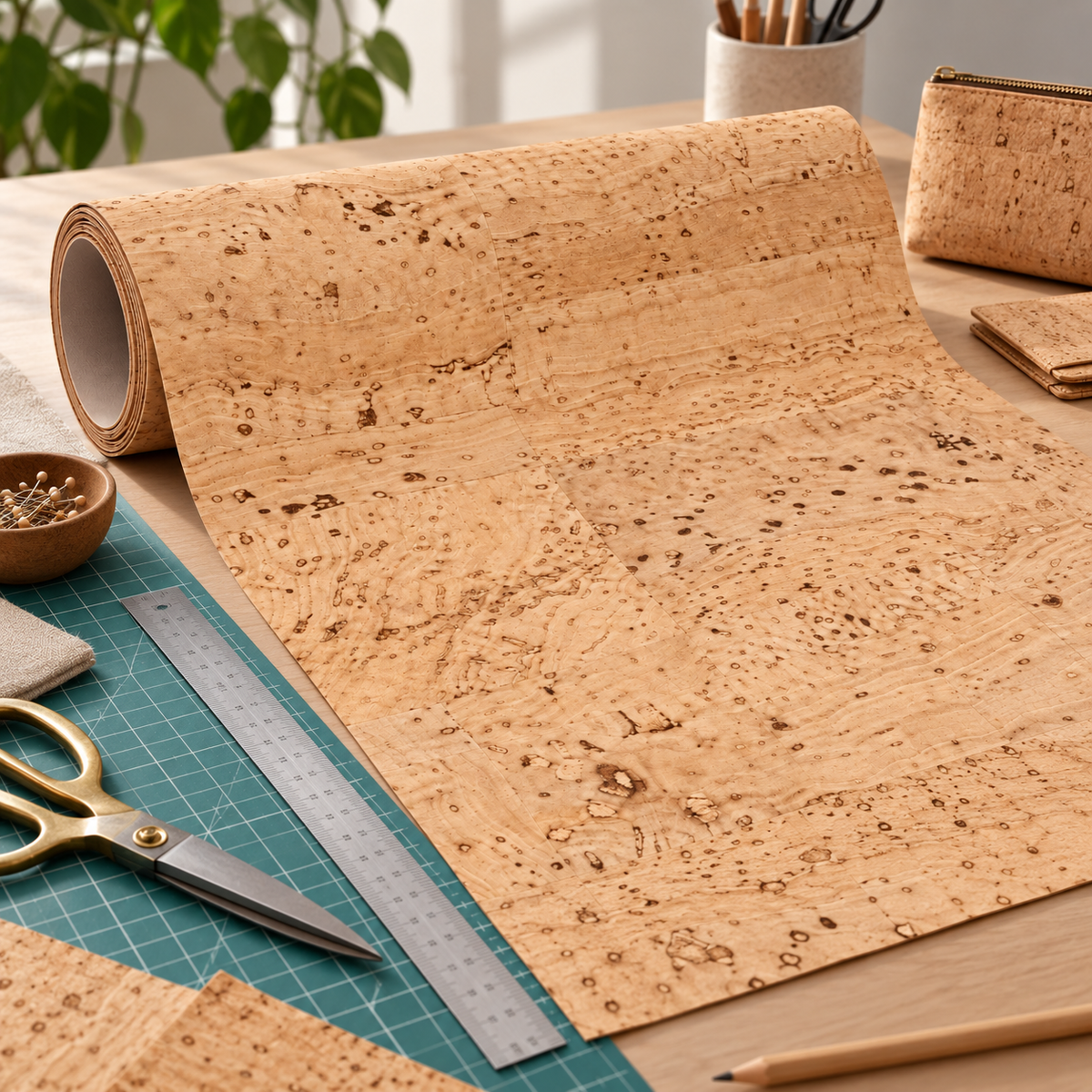 Textile Cork Roll Natural used in a maker workspace for cutting and crafting