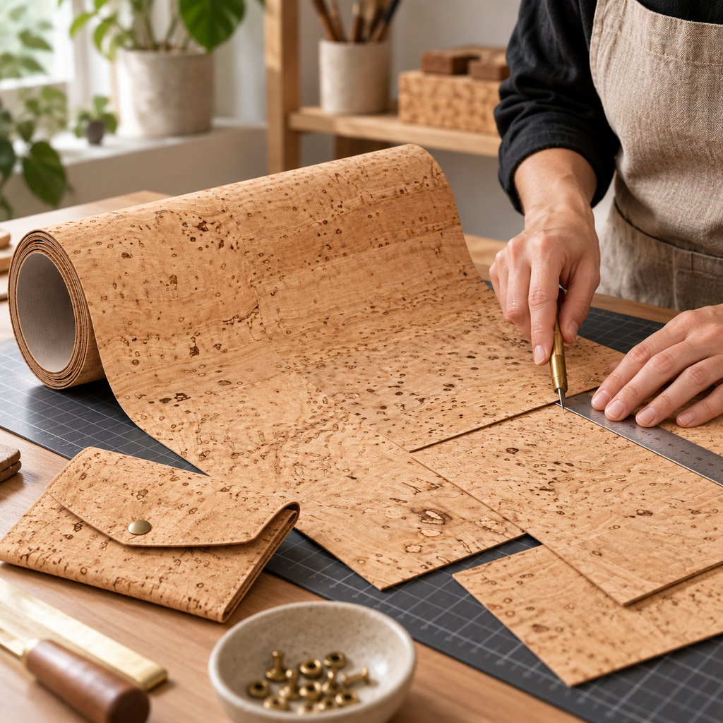 Textile Cork Roll Natural being cut and used for handcrafted accessories