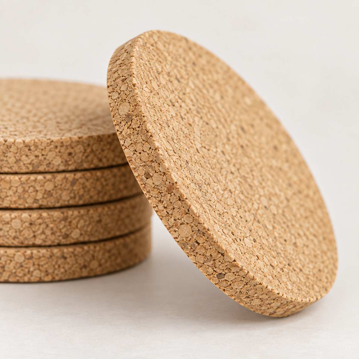 Macro close-up of thick round cork coaster surface and 9 mm edge