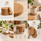Thick round cork coasters editorial collage with CorkMart branding