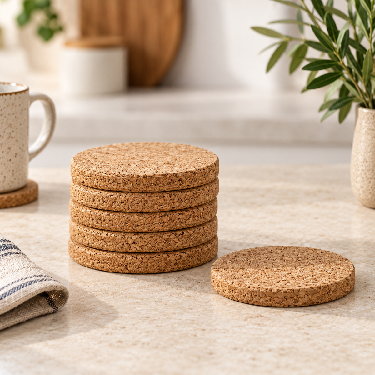 Thick round cork coasters, set of 6, Ø98 × 9 mm — premium studio hero