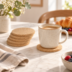 Thick round cork coaster in a bright coffee table setting