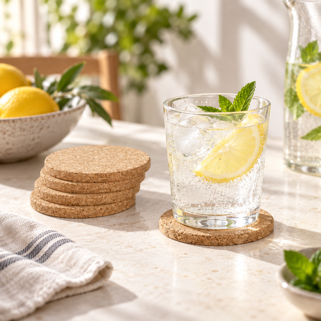 Thick round cork coaster in a bright cold-drink table setting