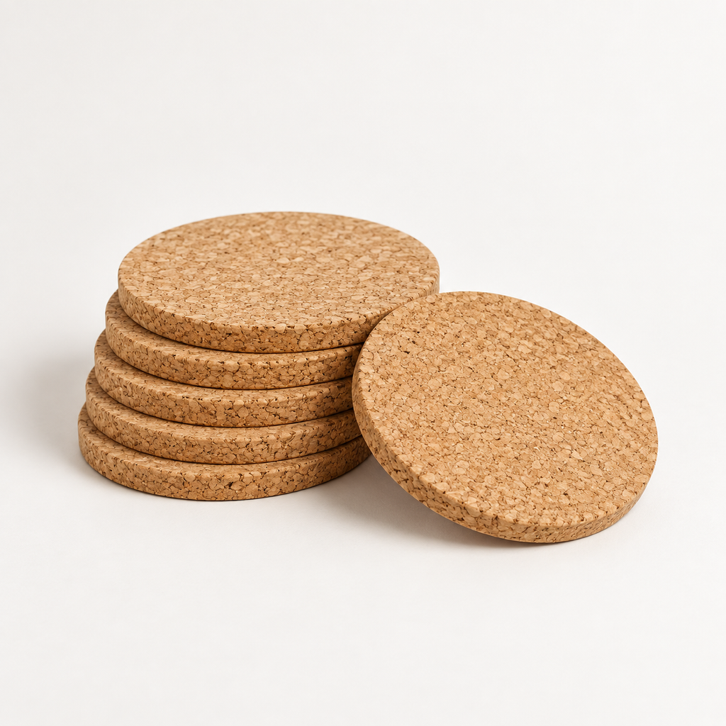 Stack of six thick round cork coasters showing the 9 mm profile