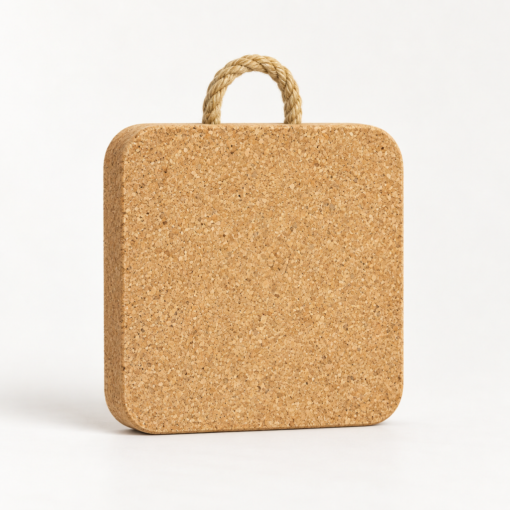 Thick square cork trivet with rope, 20 mm, available in 15 × 15 cm and 20 × 20 cm — premium studio hero