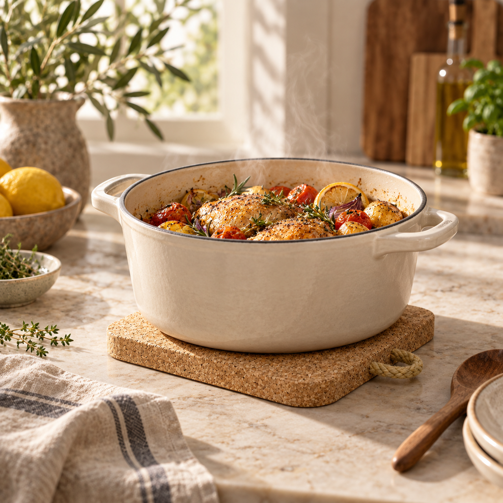 Thick square cork trivet with rope supporting a hot casserole in a bright Mediterranean kitchen