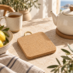 Thick square cork trivet with rope in a bright Mediterranean table setting