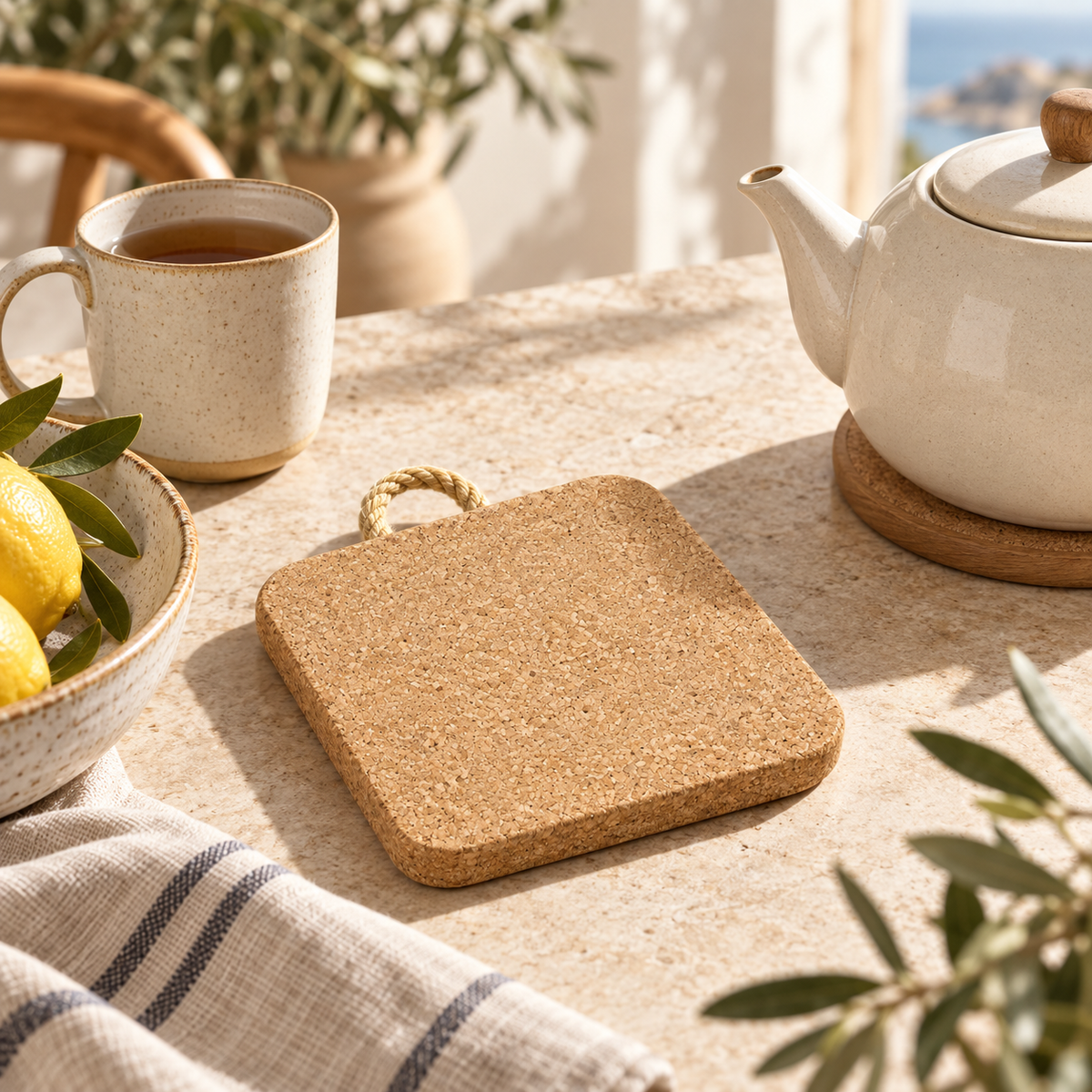 Thick square cork trivet with rope in a bright Mediterranean table setting