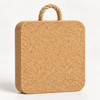 Close-up of thick square natural cork trivet with rope detail and 20 mm profile