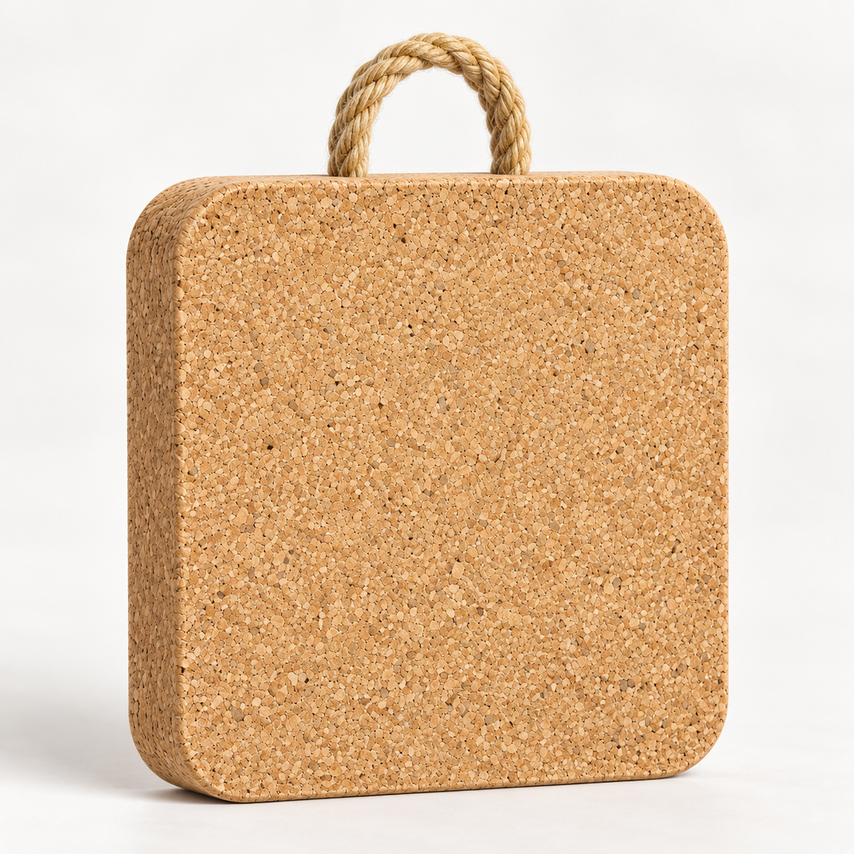 Close-up of thick square natural cork trivet with rope detail and 20 mm profile