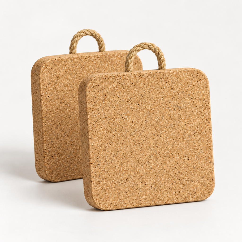 Thick square cork trivets with rope showing both sizes: 15 × 15 cm and 20 × 20 cm