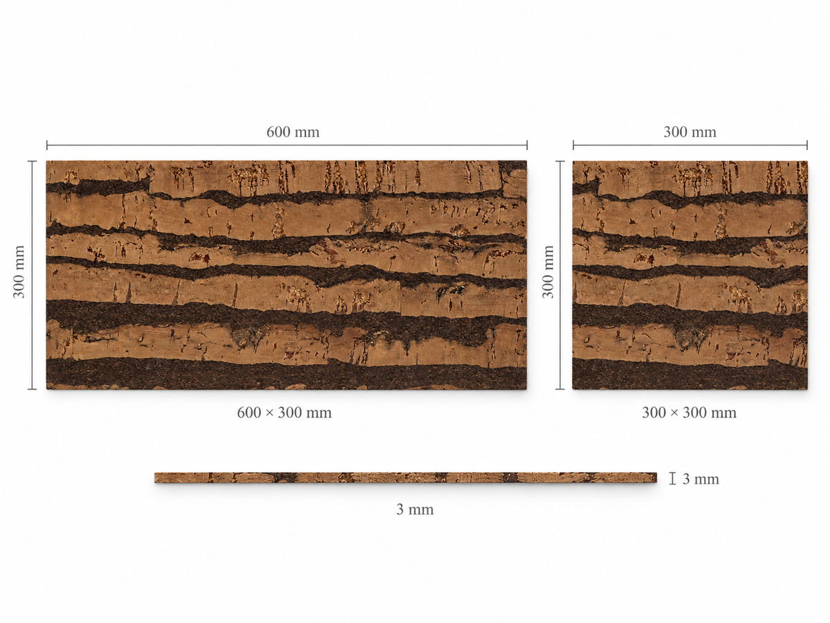 Tiger Brown cork wall tile technical dimensions, 600 × 300 mm and 300 × 300 mm, 3 mm thick