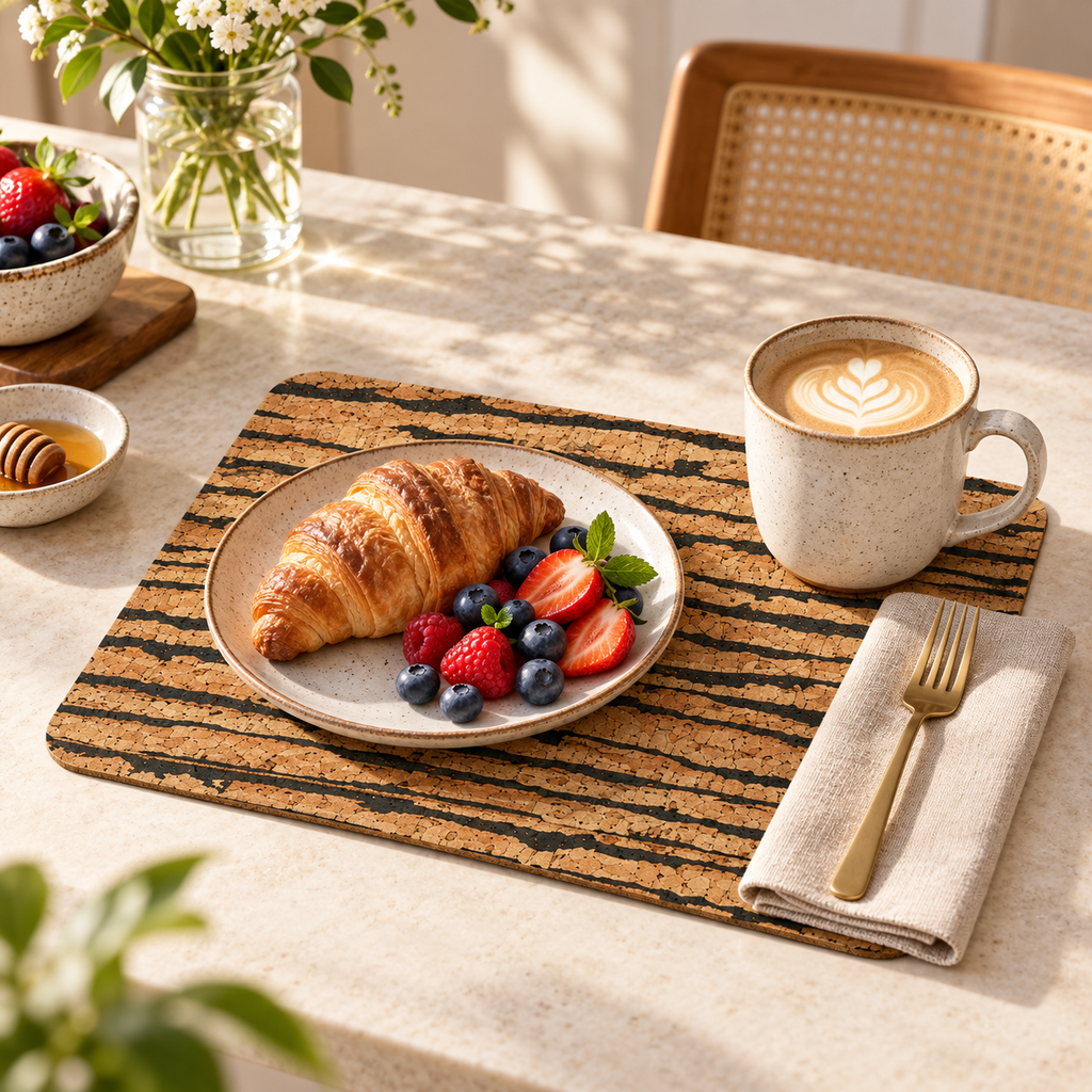 Tiger cork placemat in a bright breakfast table setting