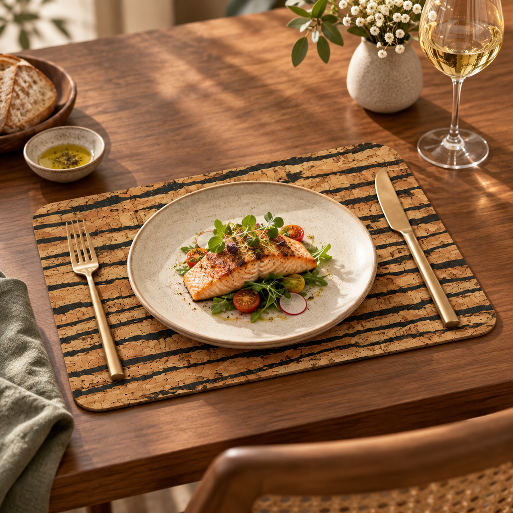 Tiger cork placemat in a refined warm dining table setting