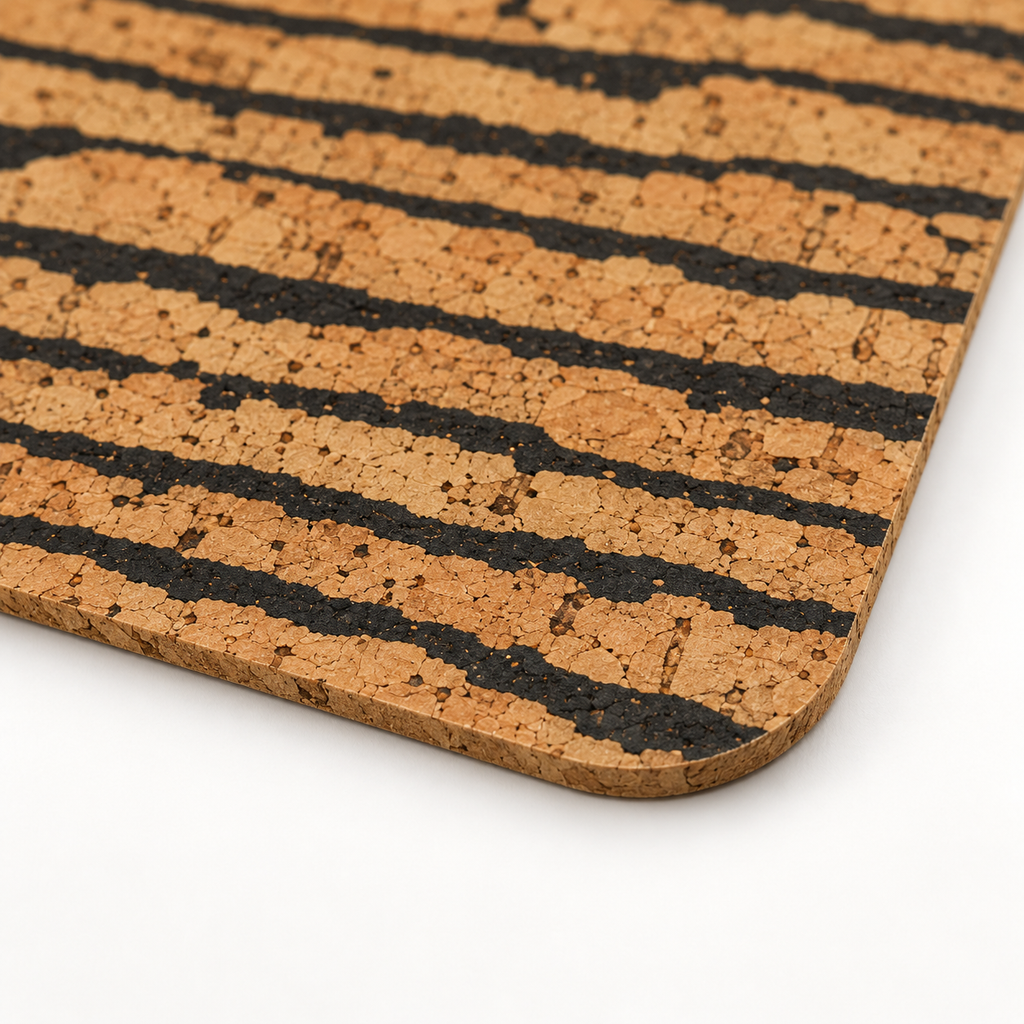 Macro close-up of Tiger cork placemat surface, rounded corner and thin edge
