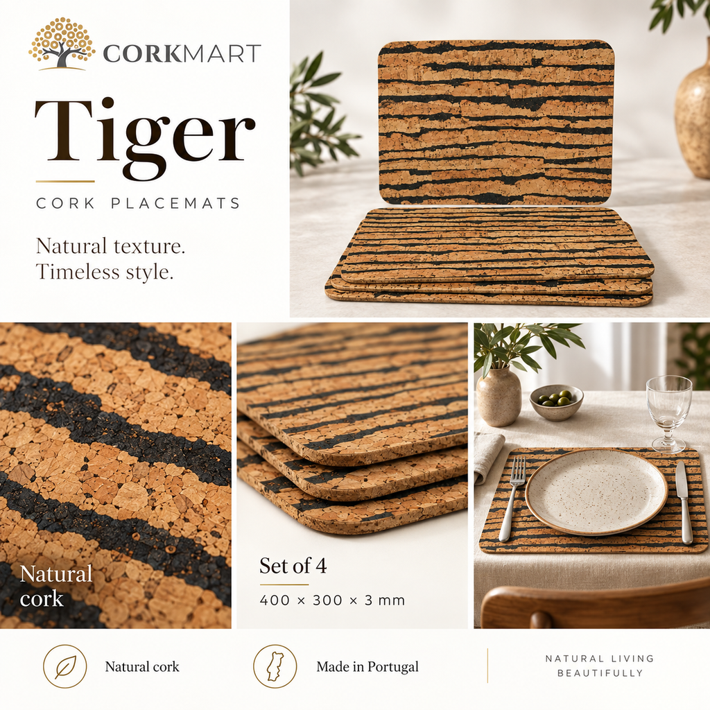 Tiger cork placemats — set of 4, dimensions, material and lifestyle overview