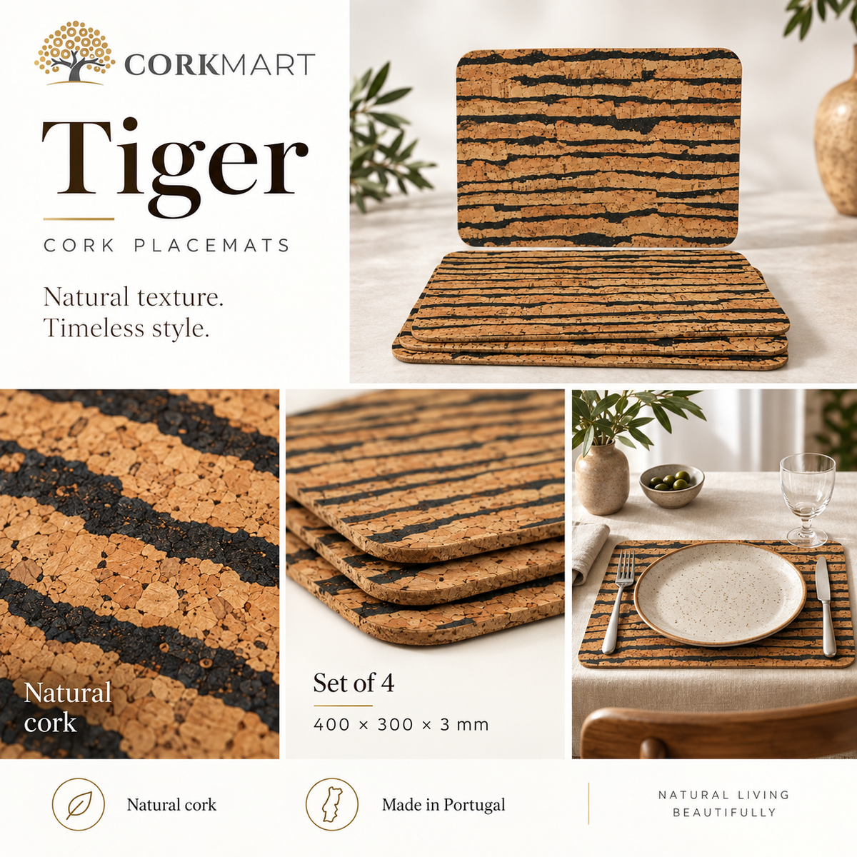 Tiger cork placemats — set of 4, dimensions, material and lifestyle overview