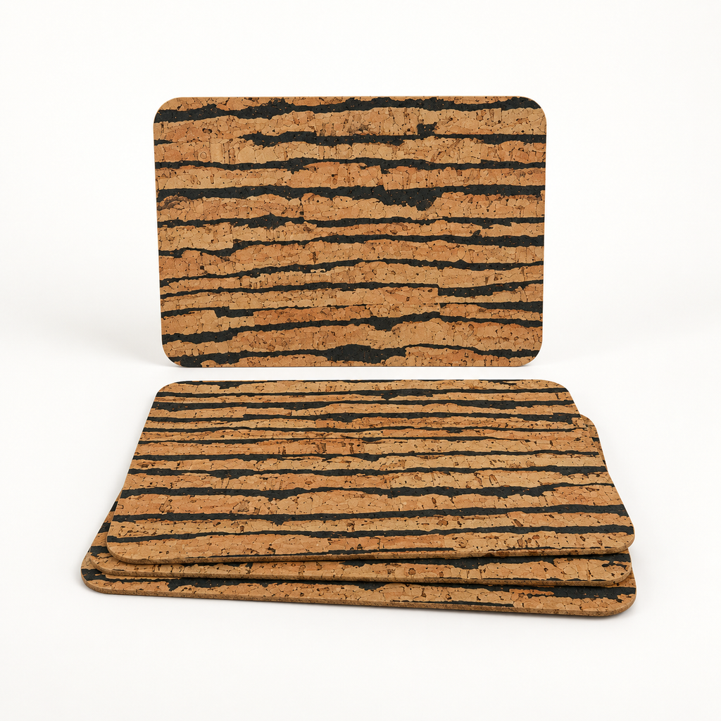 Tiger cork placemats, set of 4, 400 × 300 × 3 mm — premium studio hero