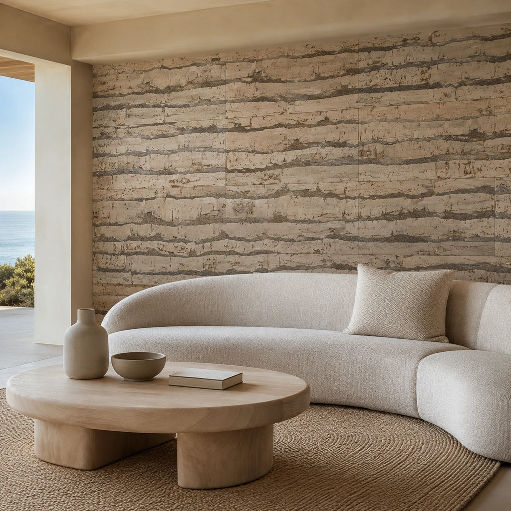 Tiger Cream cork wall tile shown in a conceptual architectural interior visualization