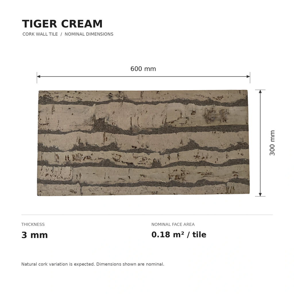 Tiger Cream cork wall tile dimensions for the 600 × 300 × 3 mm format; 300 × 300 mm format also available