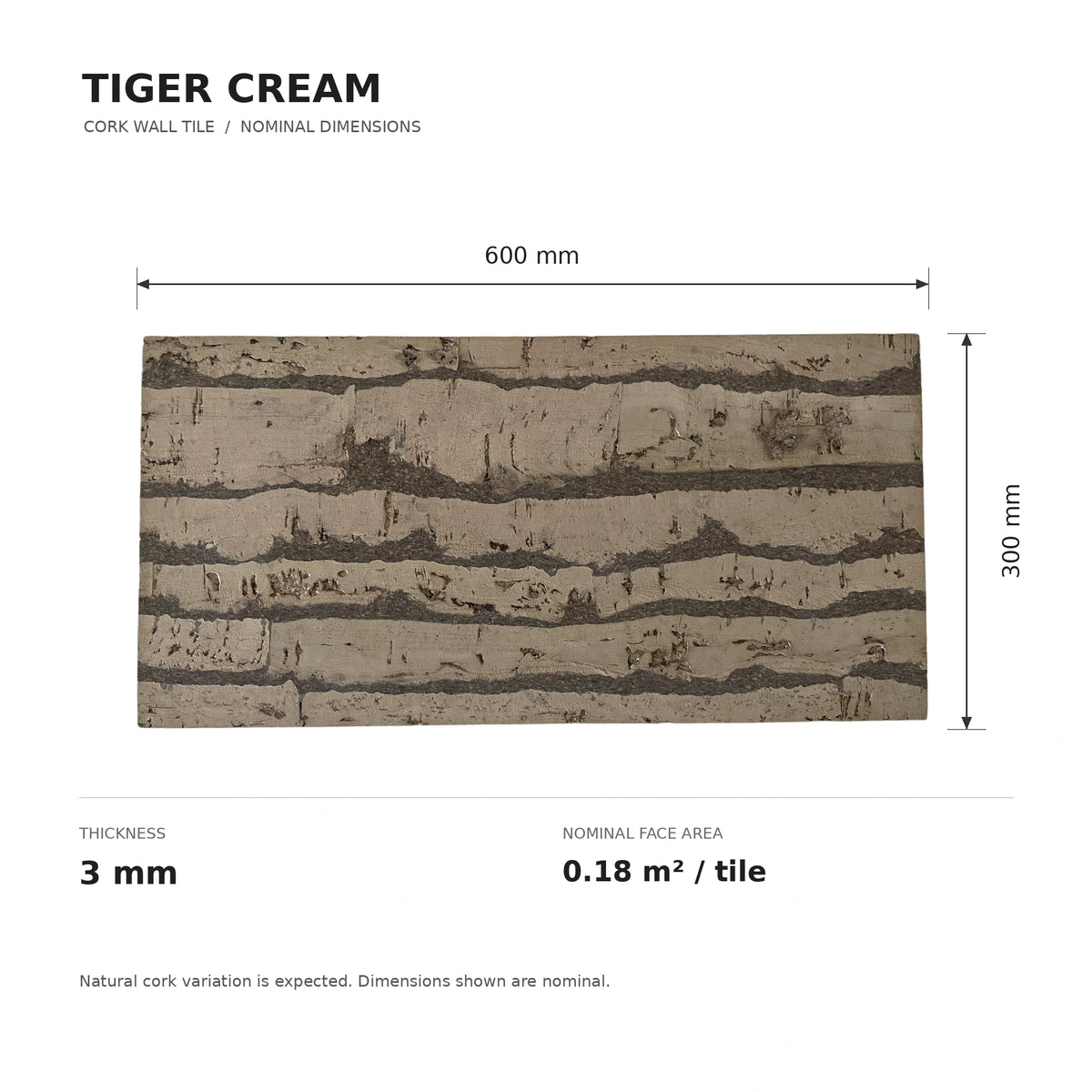 Tiger Cream cork wall tile dimensions for the 600 × 300 × 3 mm format; 300 × 300 mm format also available