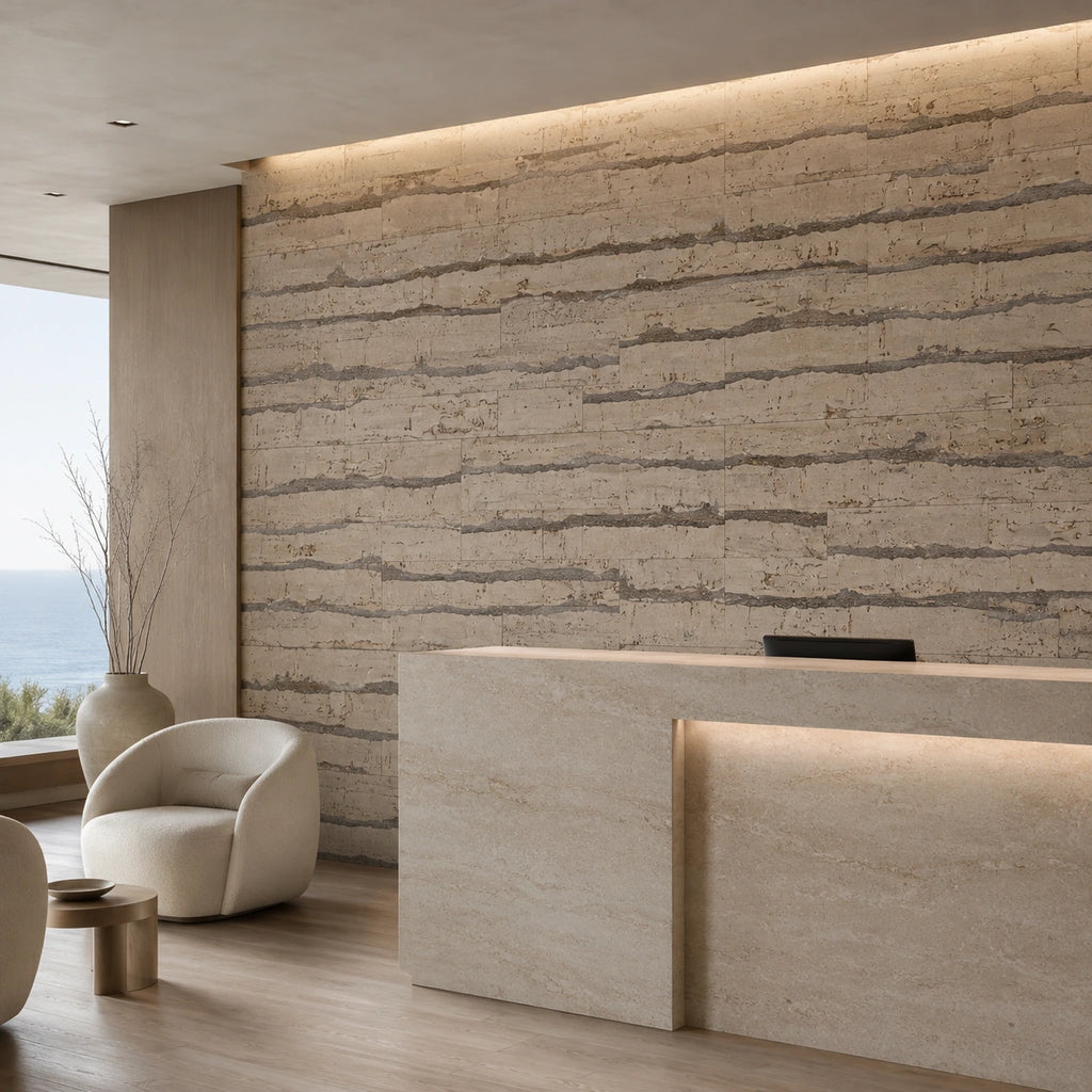 Tiger Cream cork wall tile shown in a conceptual hospitality reception visualization