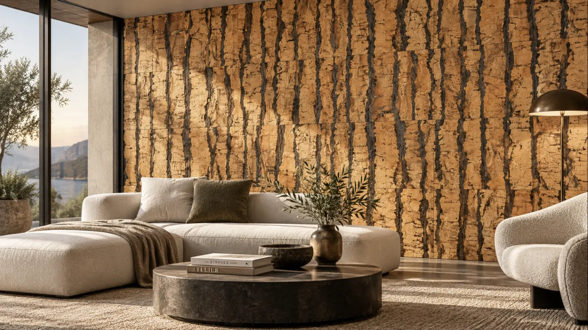 Tiger Natural cork wall tile shown in a conceptual architectural interior visualization