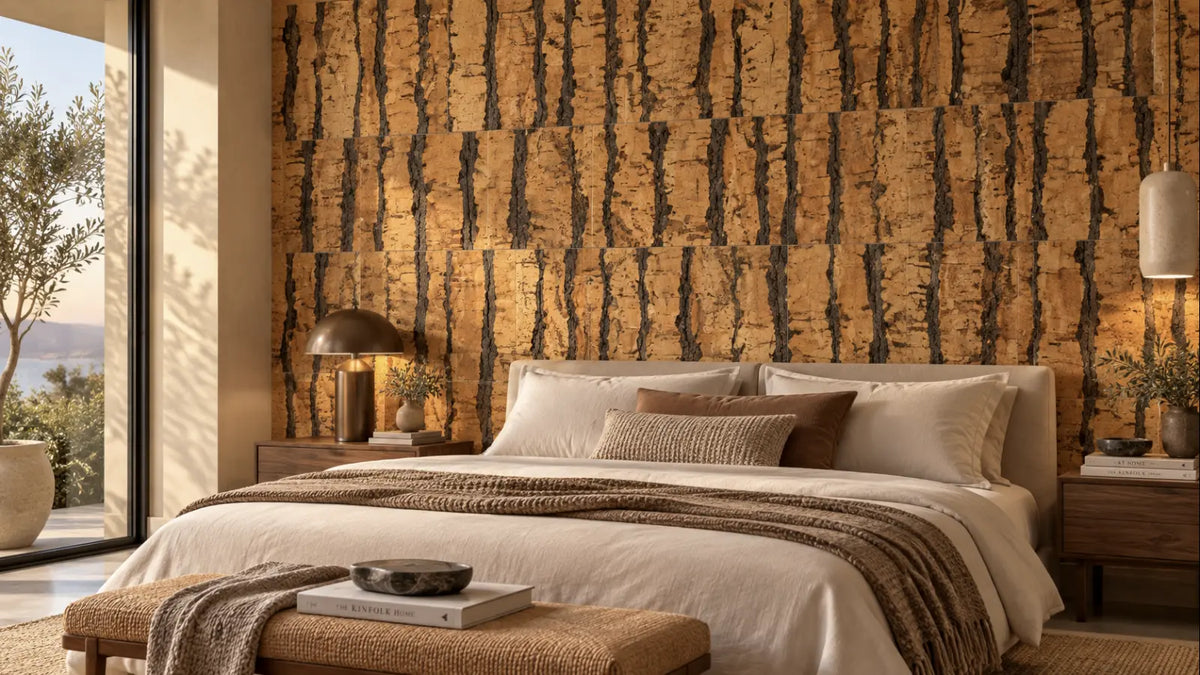 Tiger Natural cork wall tile shown in a conceptual residential bedroom visualization