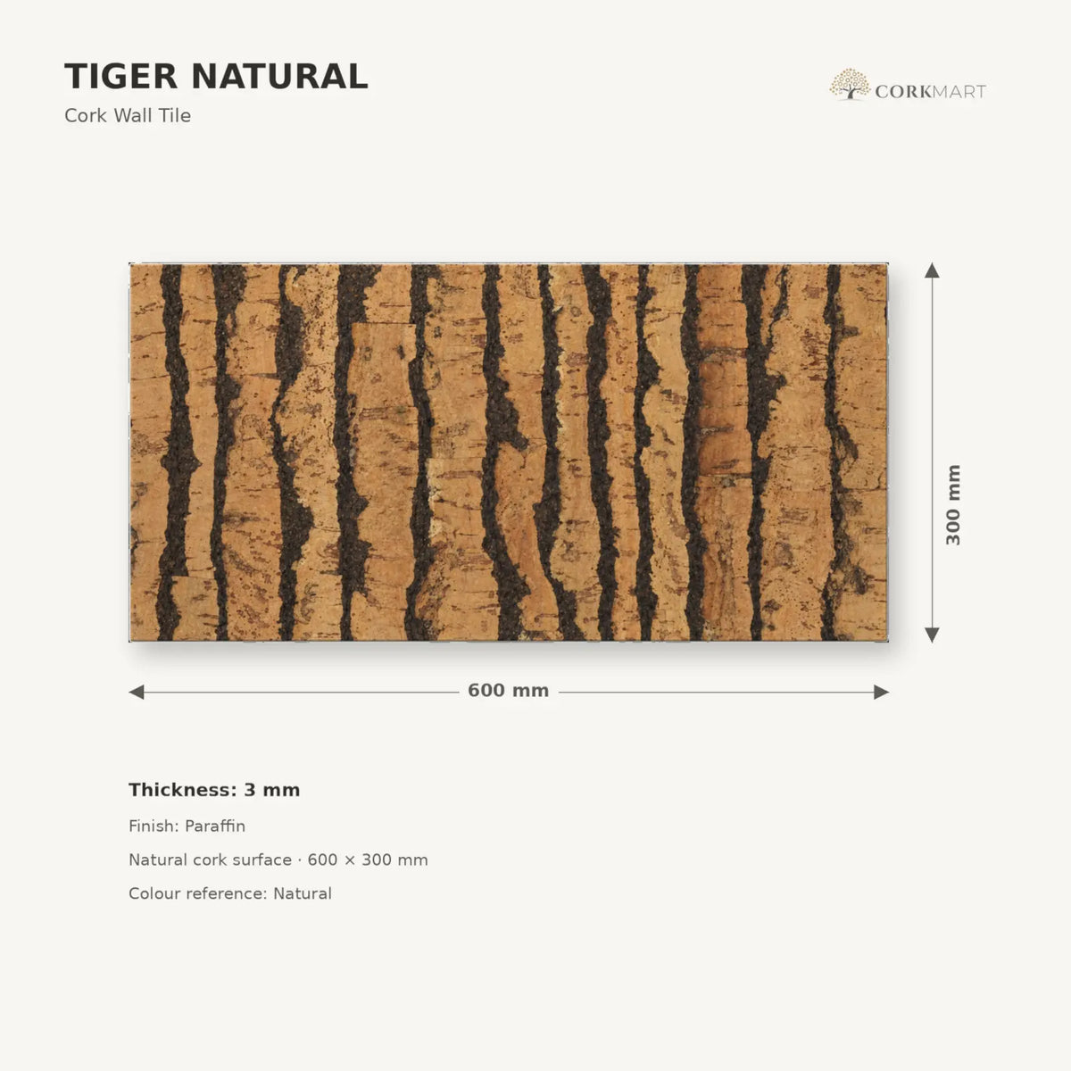 Tiger Natural cork wall tile dimensions for the 600 × 300 × 3 mm format; 300 × 300 mm format also available