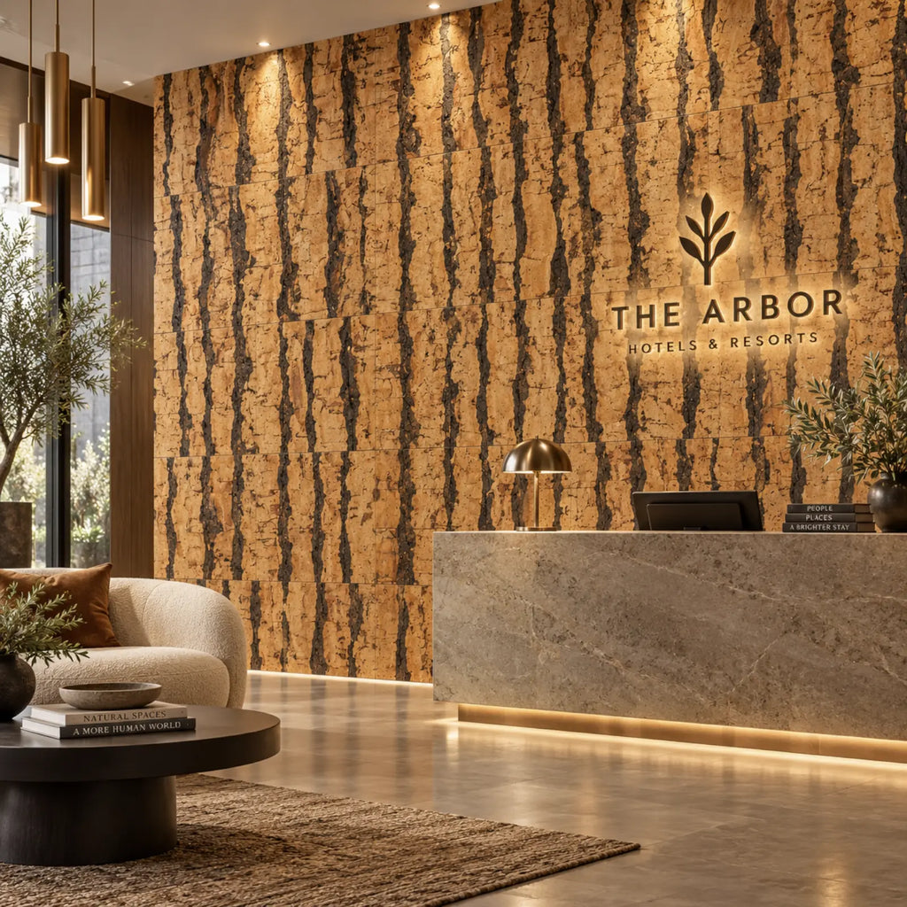 Tiger Natural cork wall tile shown in a conceptual hospitality reception visualization