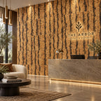 Tiger Natural cork wall tile shown in a conceptual hospitality reception visualization