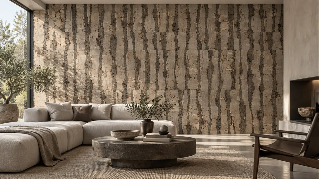 Tiger Taupe cork wall tile shown in a conceptual architectural interior visualization