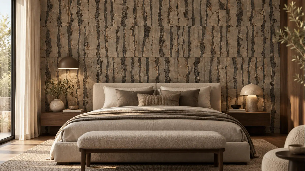 Tiger Taupe cork wall tile shown in a conceptual residential bedroom visualization