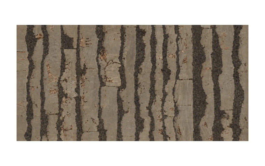 Tiger Taupe cork wall tile, 600 × 300 mm, muted taupe cork surface with organic dark striped pattern