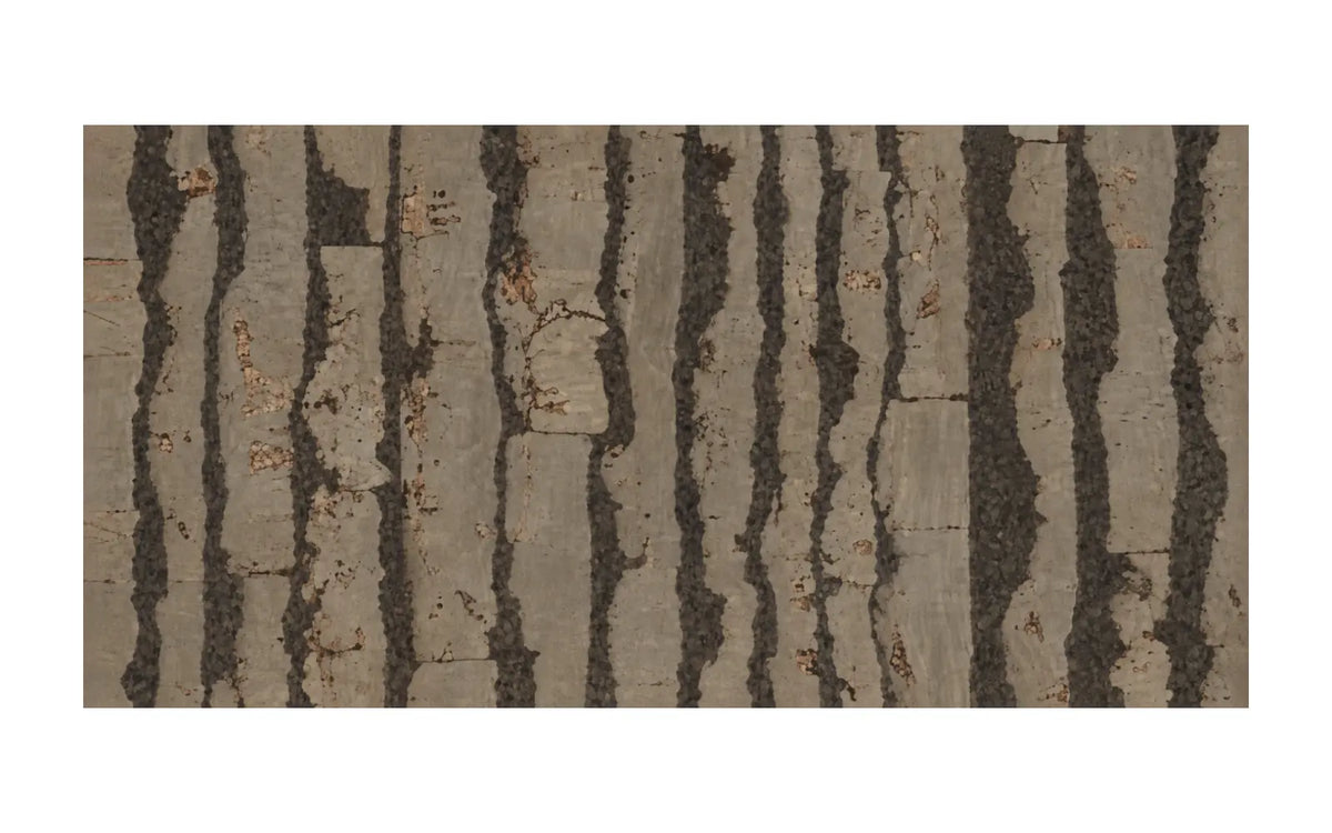 Tiger Taupe cork wall tile, 600 × 300 mm, muted taupe cork surface with organic dark striped pattern