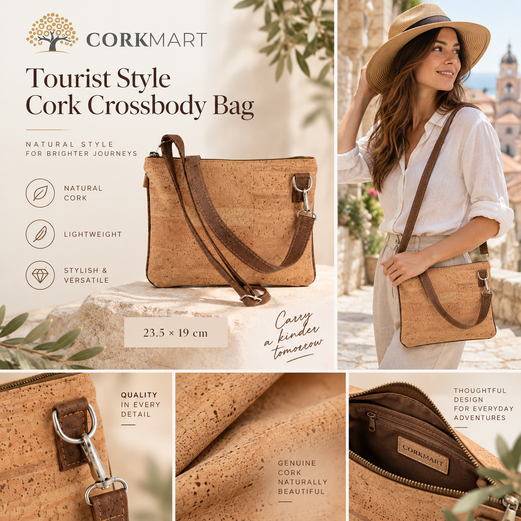 Tourist Style Cork Crossbody Bag editorial collage