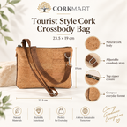 Tourist Style Cork Crossbody Bag infographic with dimensions and product features