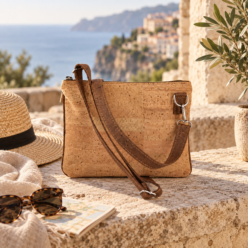 Tourist Style Cork Crossbody Bag in a premium travel lifestyle setting