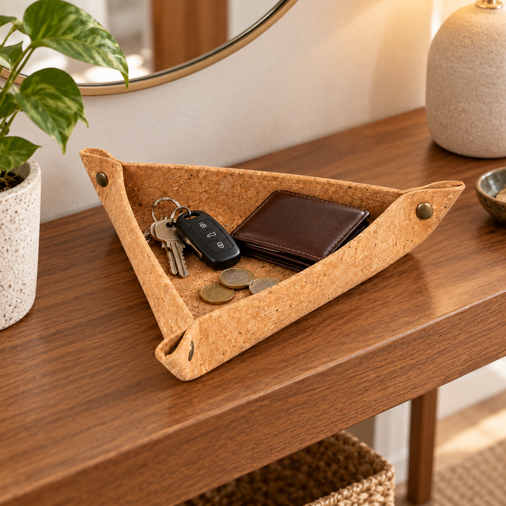 Triangular Cork Valet Tray Natural Finish — entryway use with wallet, keys and coins