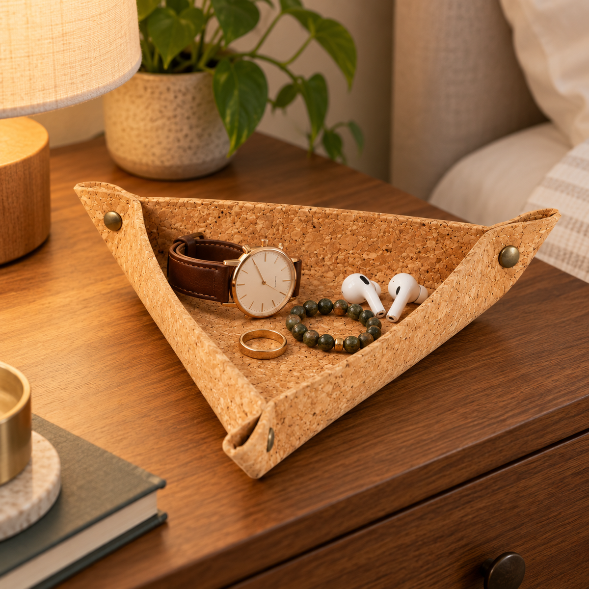Triangular Cork Valet Tray Natural Finish — bedside use with watch and small accessories